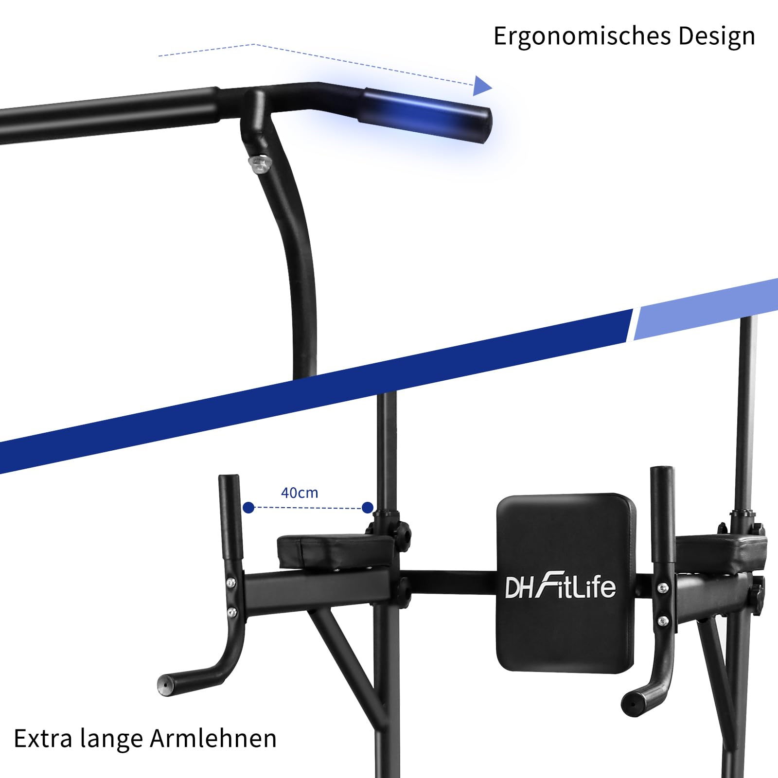 DH FitLife Power Tower Dip Station | Sport Geräte mit Klimmzugstange, Dip Barren u. Rückentrainer | Kraftstation Kraftturm | Fitness Station | Power Rack for Home Gym | Krafttraining für Zuhause