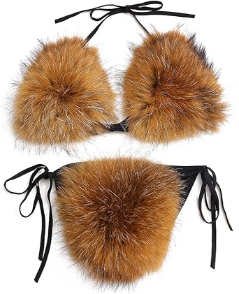 ZOSCGJMY Womens Faux Fur Halter String Triangle Bikini Sets Two Piece Swimsuits Brown