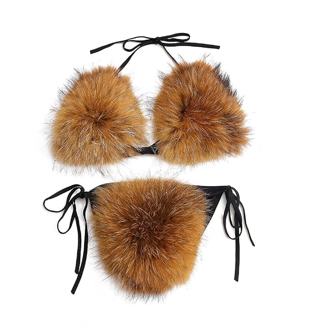 ZOSCGJMY Womens Faux Fur Halter String Triangle Bikini Sets Two Piece Swimsuits