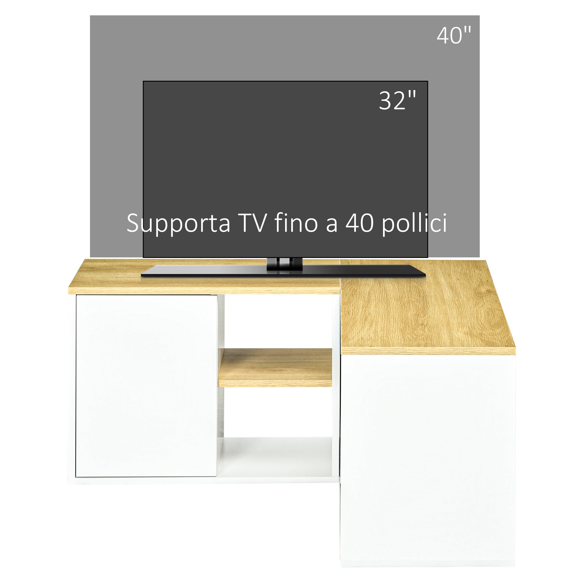 HOMCOM Mobile TV a L per TV da 40" con 3 Ripiani Aperti e 2 Armadietti, in Truciolato, 90x90x45 cm, color Rovere e Bianco