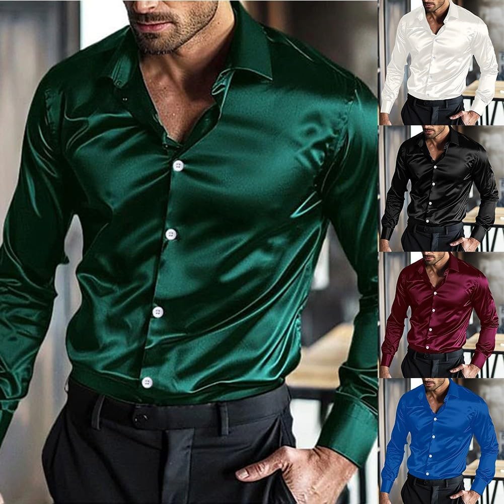SPORTARC Camicia da uomo in raso di seta, a maniche lunghe, casual, per matrimoni, feste e discoteche