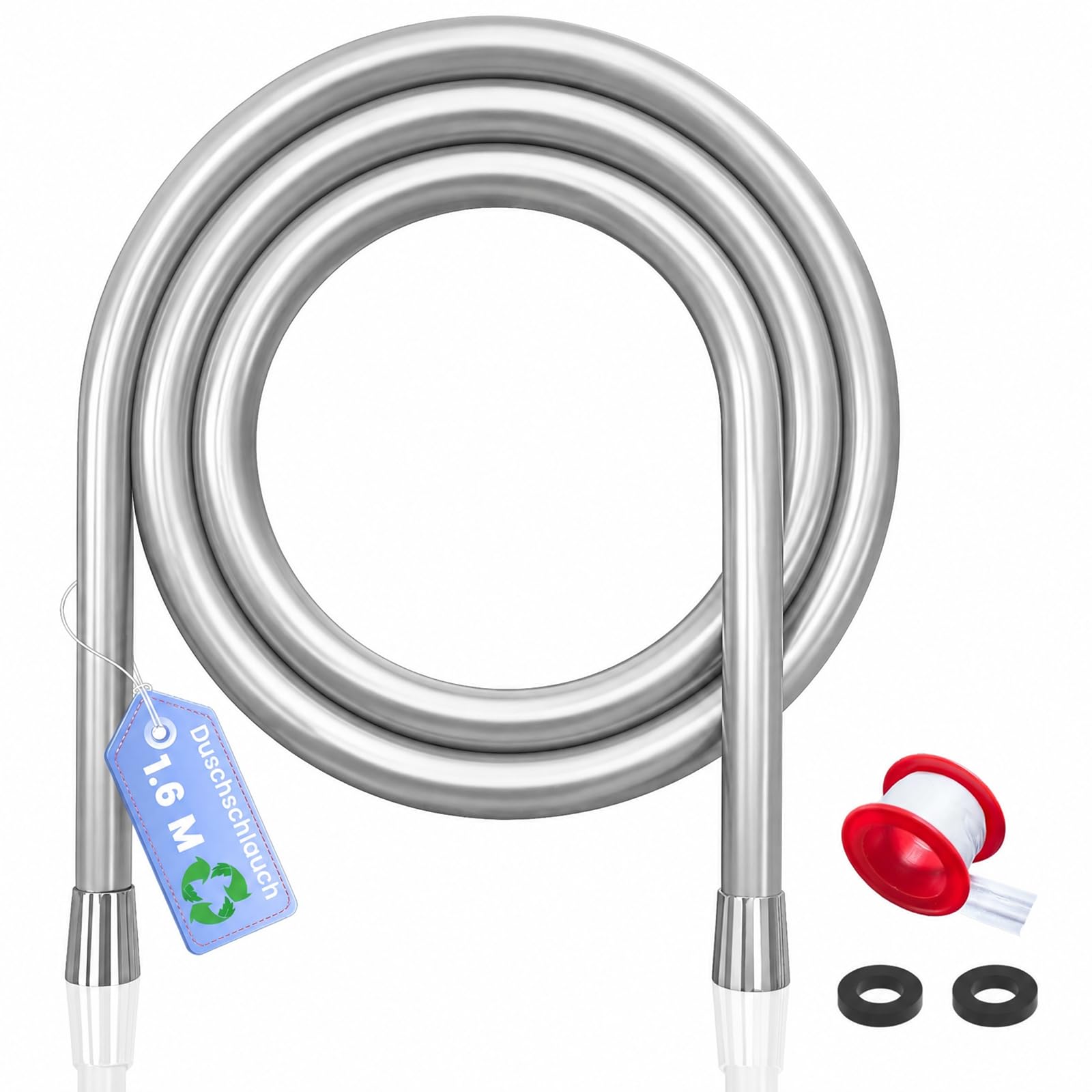 Hochdruckbeständig Duschschlauch 1,60 m, mit 2 x Dichtungsringe und 1x PTFE-Dichtband, PVC Flexibler & Knickfester, Brauseschlauch für die Dusche, Universal ½ Zoll