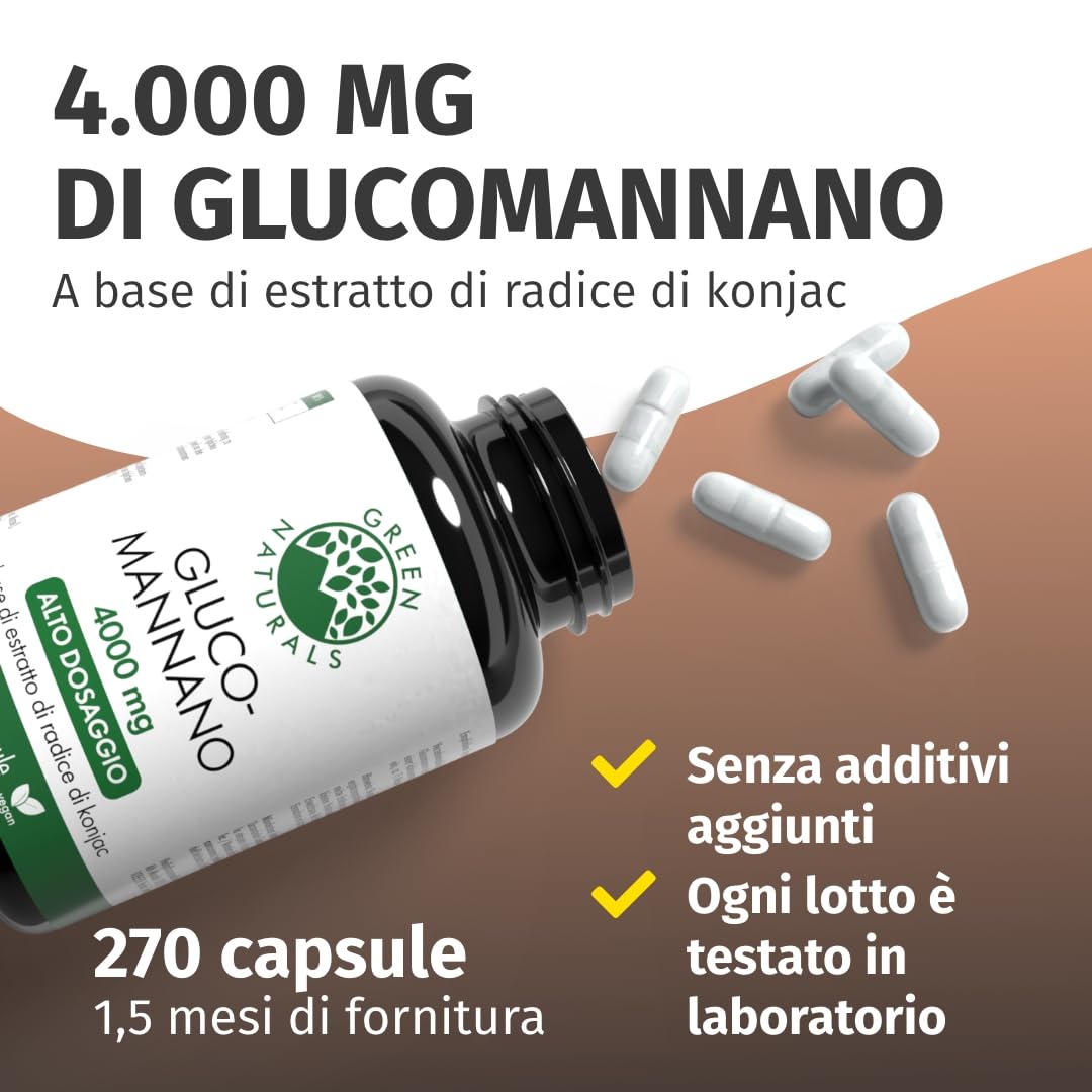 Green Naturals® Glucomannano – 4000 mg glucomannano per dose giornaliera – Estratto di konjac 4200 mg – 270 capsule per 45 giorni