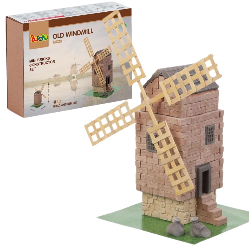 Buroku - Kit Costruzione Medievale 350 Pezzi | Mulino a Vento Realistico | Mattoni di Pietra | Incoraggia Apprendimento Stem e Abilità Motorie | Per Bambini e Adulti | Include Colla