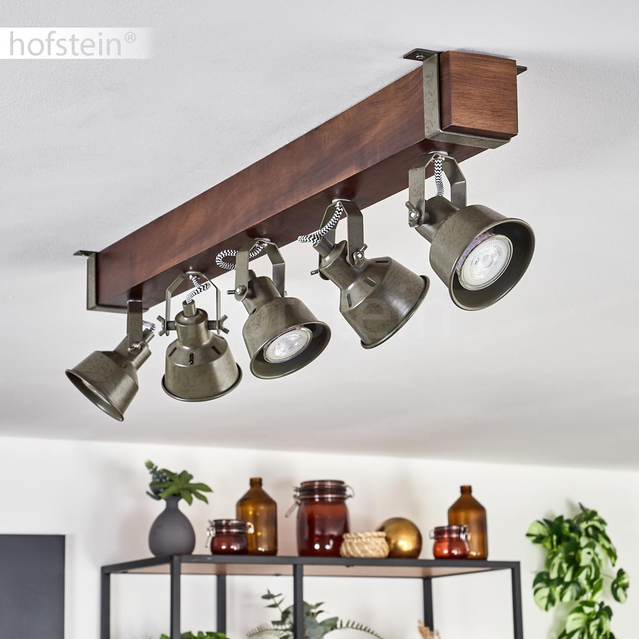 Pehefito, plafoniera moderna in metallo/legno nero/marrone scuro/verde/grigio, plafoniera industriale con paralume orientabile, 6 fiamme, 5 x GU10 senza lampadine