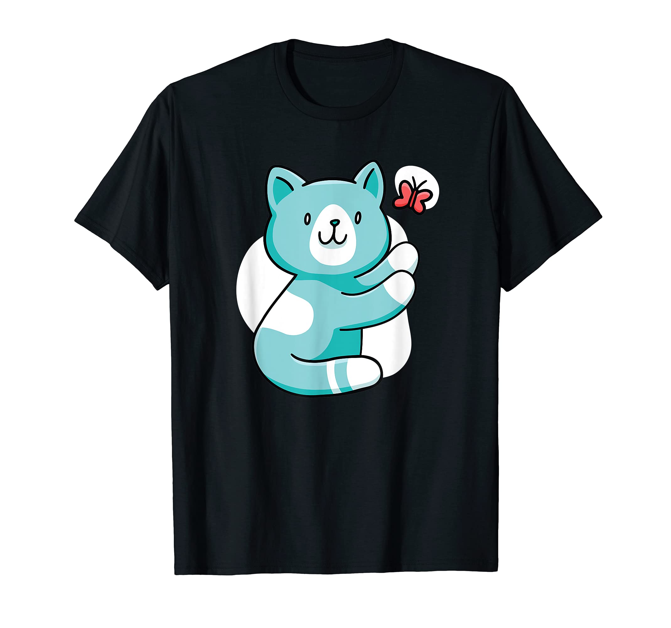 Cute Cat Chasing Butterfly Pet Adorable Paws Bug Wings T-Shirt, Black
