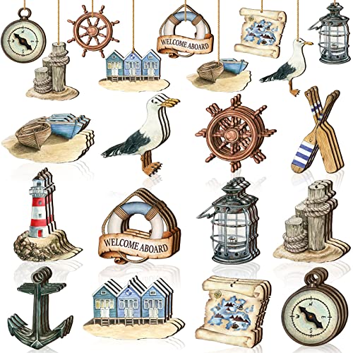 Maitys 36 Pcs Beach Wooden Ornaments Ocean Summer Tree Decorations Coastal Nautical Seaside Wood Cutouts Navigation Hanging Ornaments Xmas Decorations for Home Tree Wall Wreath Crafts(Navigation)