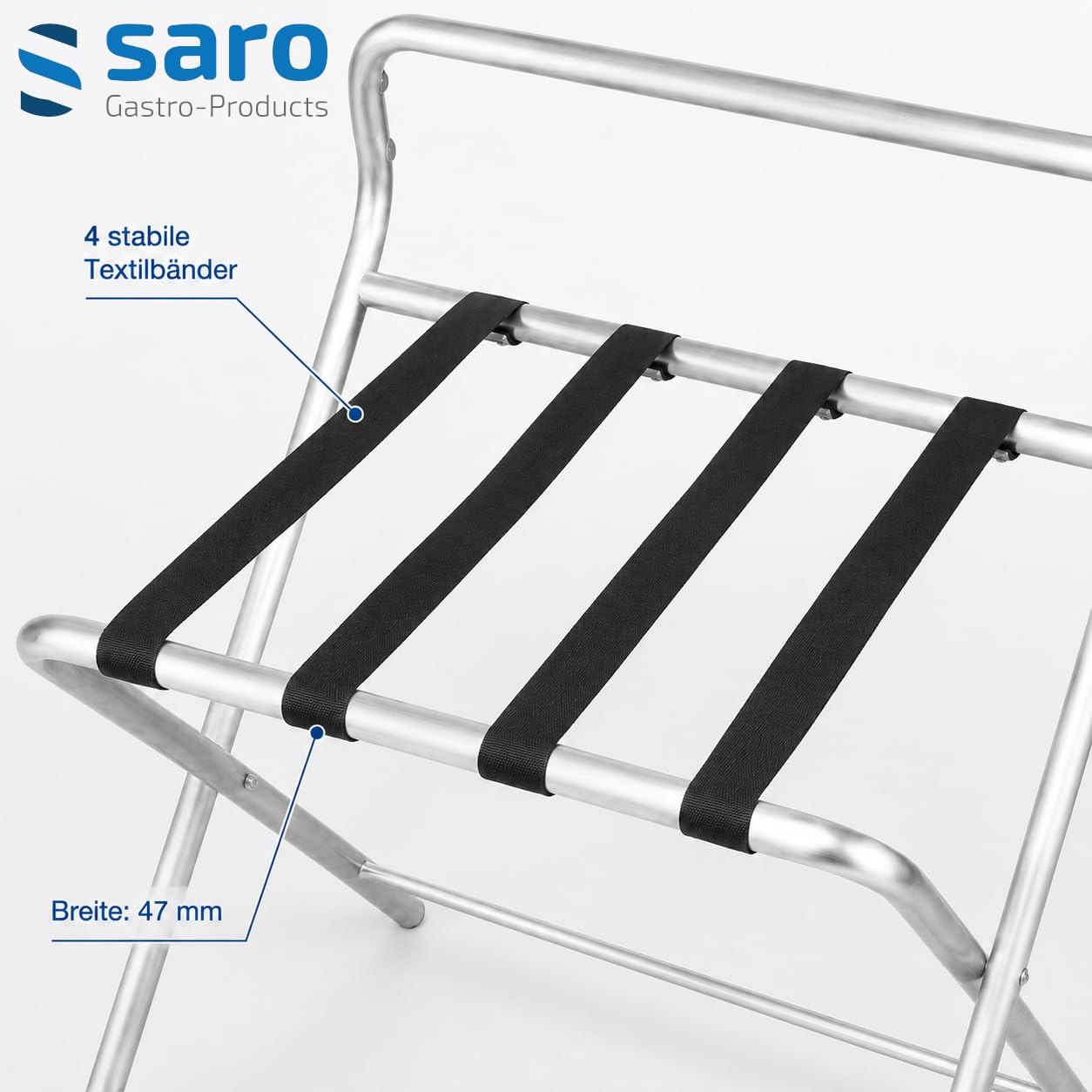 Saro Kofferablage – Edelstahl – Klappbar – B 550×T 500×H 630 mm – 4 Textilbänder – Stabile Ausführung – Modell AF 247