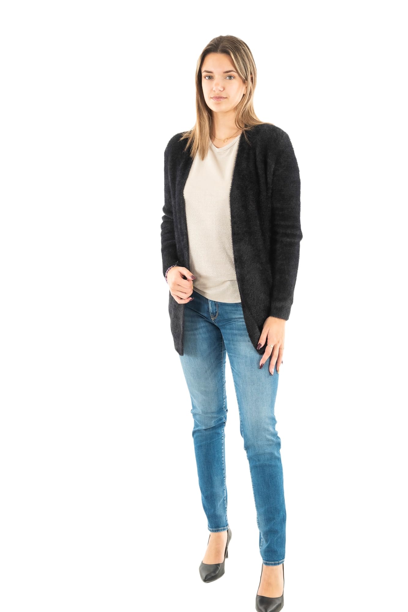 Morgan Fluffy Knit Long Cardigan, Black, UK 14-16
