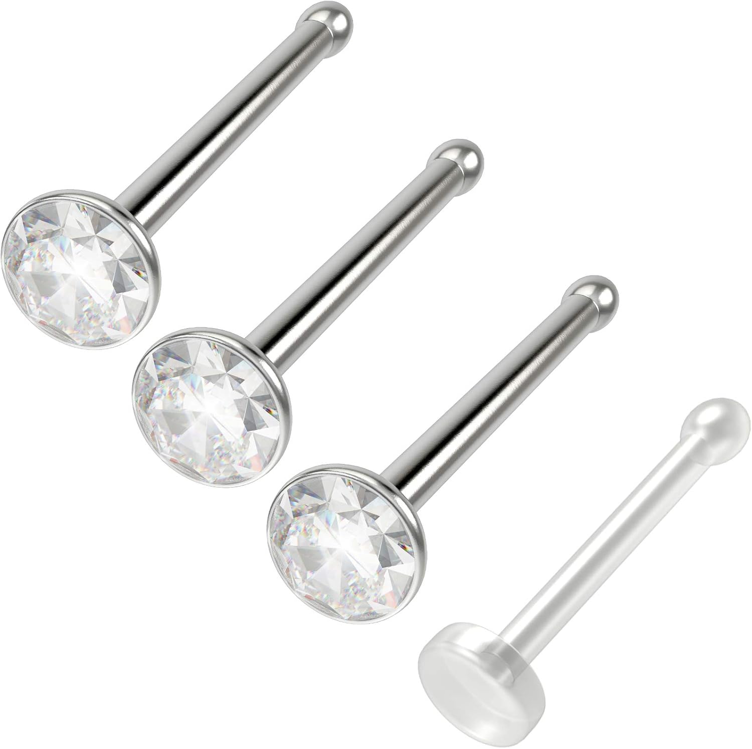 3pc 20g Nose Bone Stainless Steel Rings 1mm crystal CZ Straight Pin Micro Stud - Bioflex Retainer