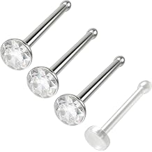 3pc 20g Nose Bone Stainless Steel Rings 1mm crystal CZ Straight Pin Micro Stud - Bioflex Retainer
