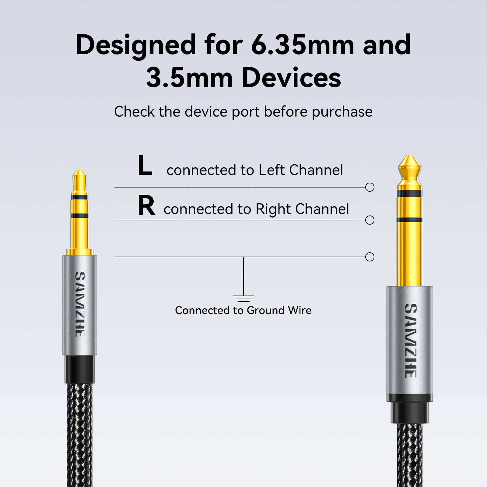 SAMZHE Cavo stereo da 1/8 a 1/4, da TRS da 3,5 mm a 6,35 mm, cavo audio da chitarra a AUX maschio, con alloggiamento in lega di alluminio e treccia di nylon, per chitarra, laptop, dispositivi home