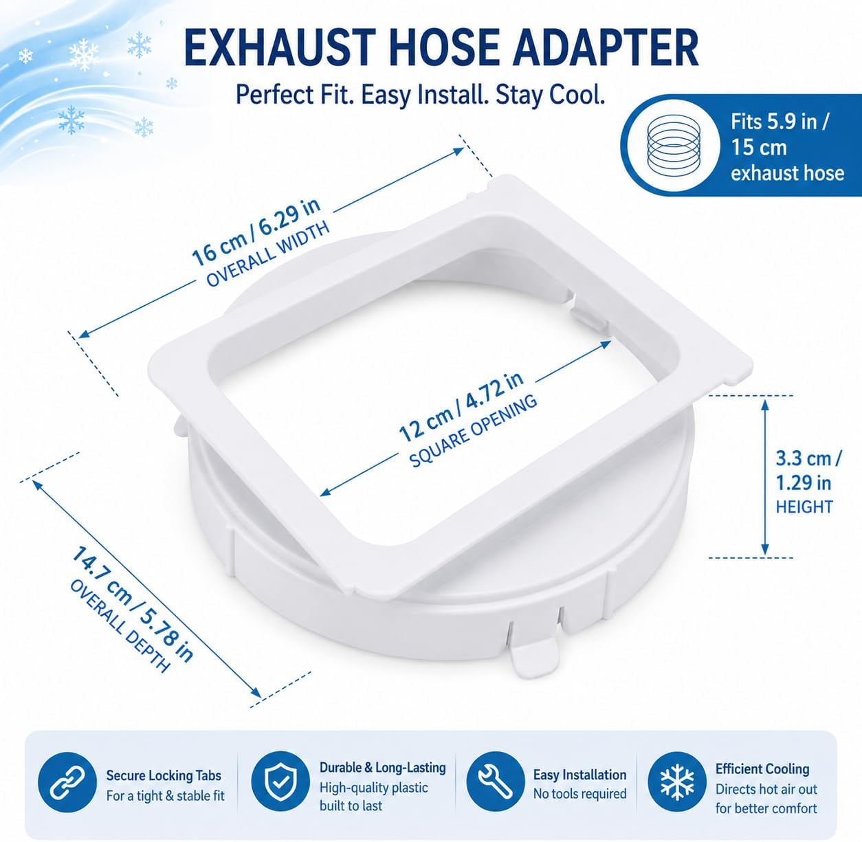 Portable Air Conditioner Exhaust Duct Interface 5.9 Inch Square to Round Adapter for Midea KY25 JHS Vissani - Please Confirm Size & Shape Before Purchase