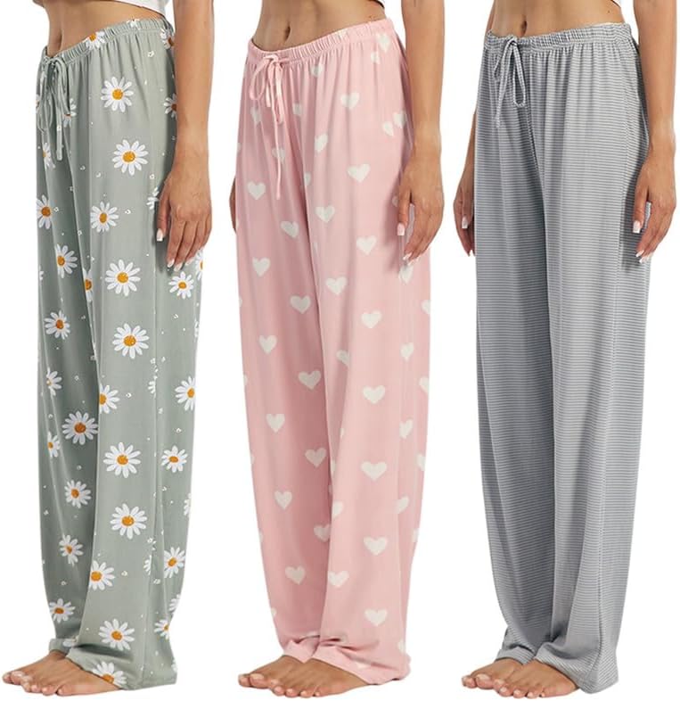 OAKVON 3-Pack Women’s Pajama Pants - Elastic Waist Drawstring Wide Leg Sleepwear Bottoms