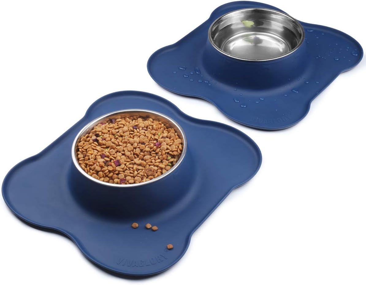 VIVAGLORY Large Dog Bowls Set, 2 Pack Puppy Bowls with Non Spill Silicone Mat and Food Grade Stainless Steel Water and Food Feeding Bowl for Large Dog, Navy Blue