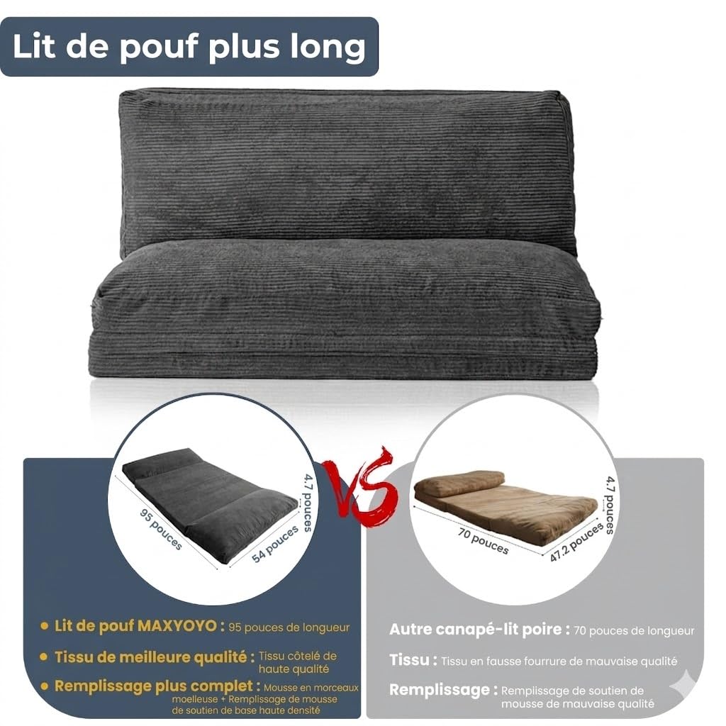 MAXYOYO Pouf pliable en velours côtelé avec rembourrage en mousse, extra épais, 4 couches, matelas/canapé de sol pour adultes, housse amovible et lavable en machine, anthracite, 135 x 240 cm