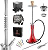 INOX Tradi Draco Complete Set - Stainless Steel Water Pipe 85 cm 2 Connections Charcoal Lighter 1 kg Natural Charcoal and Accessories Red