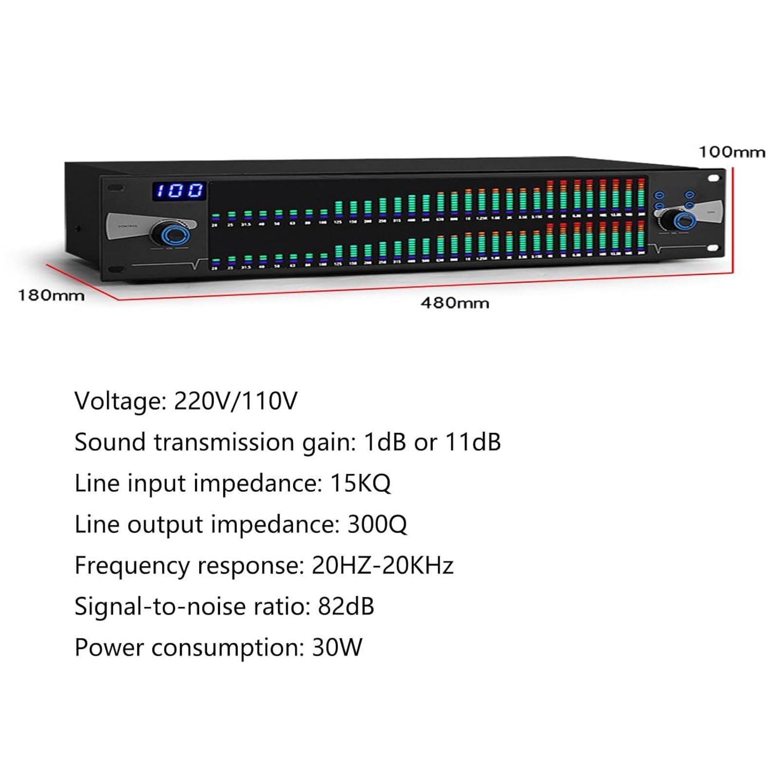Ecualizador Gráfico Hi-Fi, Ecualizador Digital LED Doble De 31 Bandas con Reducción De Ruido, Carcasa Metálica, Memoria para 10 Preajustes, Ideal para Presentaciones En Escenario