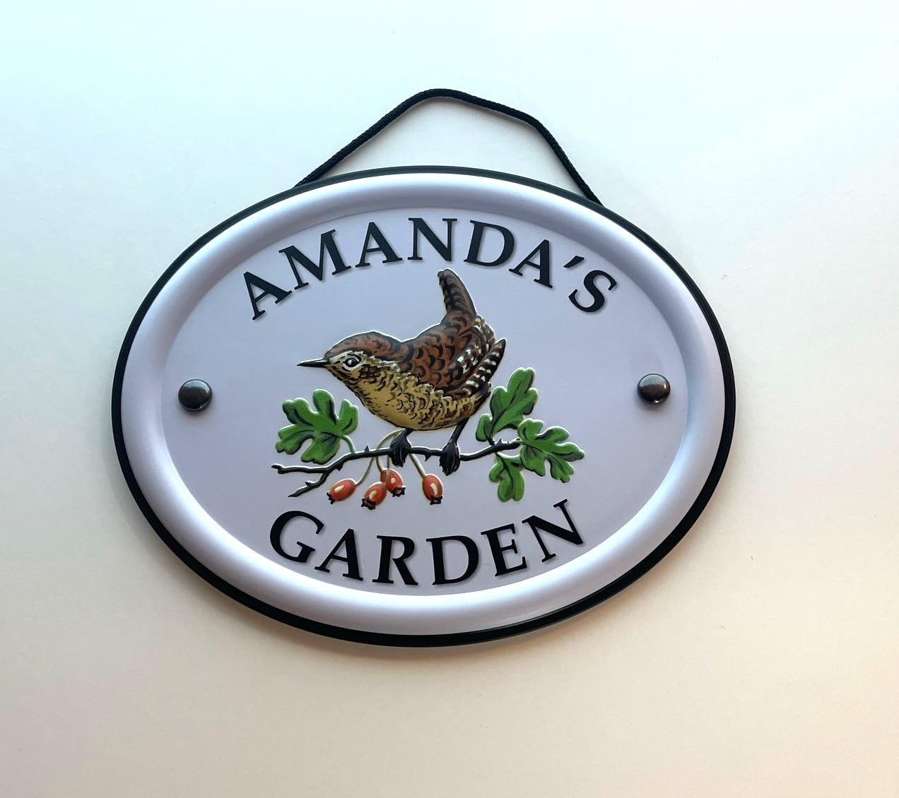 Personalised Embossed Metal Garden Sign 12x15cm – British Bird Design – Outdoor Decorative Hanging Garden Plaque – Weatherproof Metal Sign for Garden Walls Fences or Sheds (Amanda)