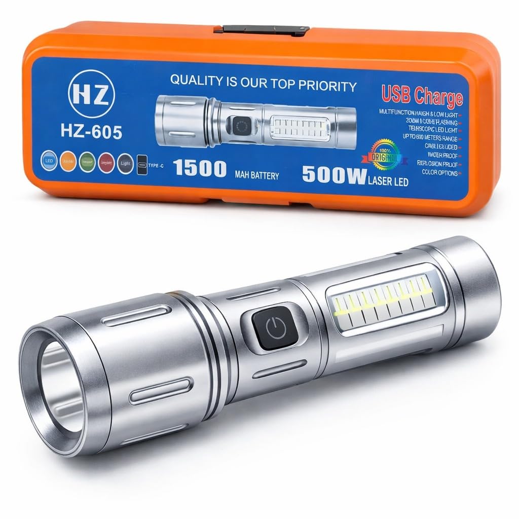 THIVYAKUZHALI HZ-605 LED Flashlight, 500W Laser LED, 1500mAh BTRY