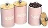 3Pcs Tea Coffee Sugar Canisters 9.5×15.5cm Metal Kitchen Storage Set with Airtight Bamboo Lid Countertop Round Food Storage Containers Pots Jars Decorative Tins for Beans Flour Spice(Pink)
