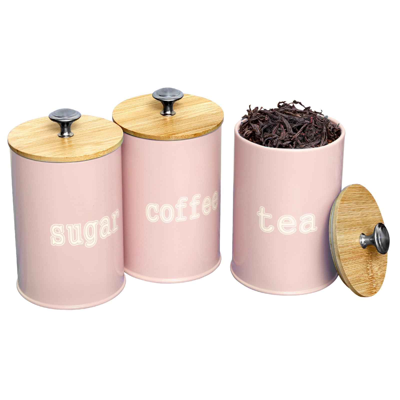 KTCINA 3Pcs Tea Coffee Sugar Canisters, 1100ml Round Kitchen Canister Set with Bamboo Lid & Handle Metal Food Storage Container Bin Airtight Food Storage Jars for Coffee Sugar Tea Beans Grains(Pink)