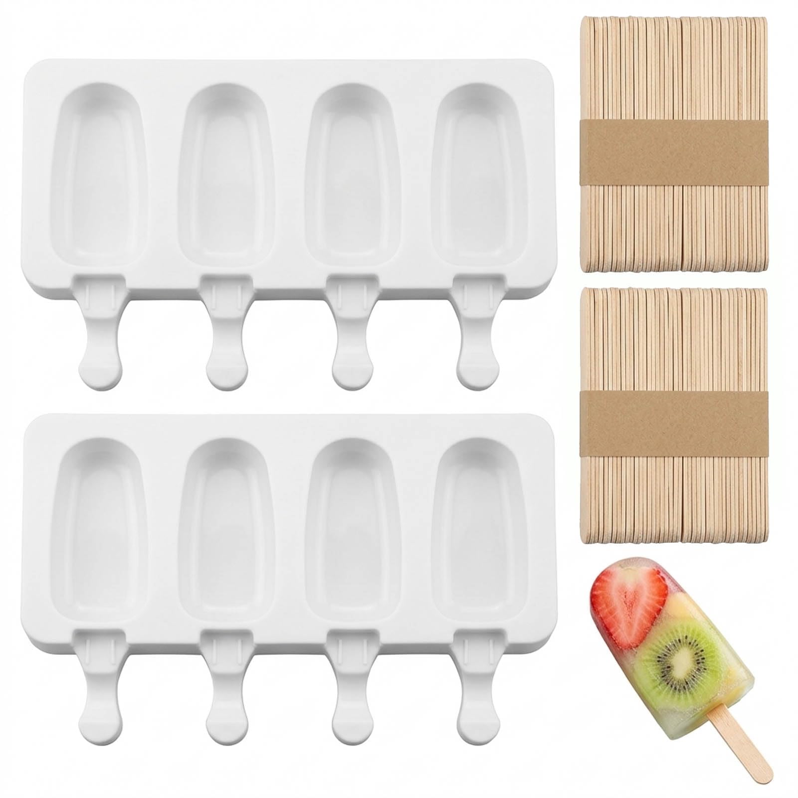 2-Piece Silicone Cream Mould 100 Wooden Sticks Set, Homemade Popsicle Maker for Family Dessert Preparation, Complete Kit with for DIY Treats
