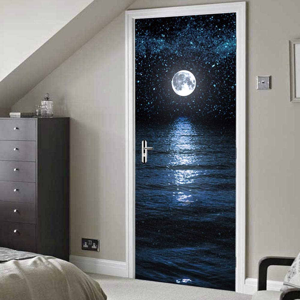 Adesivo Murale 3D Per Porta - Vista Notturna Luna Verde 77x200 Cm - Sticker Autoadesivo Rimovibile - 4