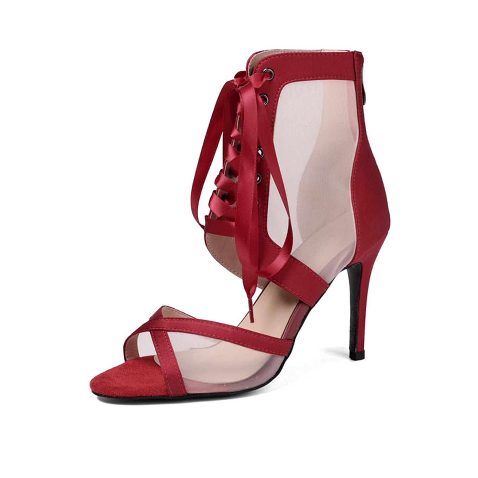 SWDZM Stivali da Ballo Latino Donna Raso Rete Lacci a Nastro | Tomaia in ecopelle morbida ed elastica con punta aperta,pratica cerniera posteriore,suola in pelle scamosciata,tacco da 6 cm