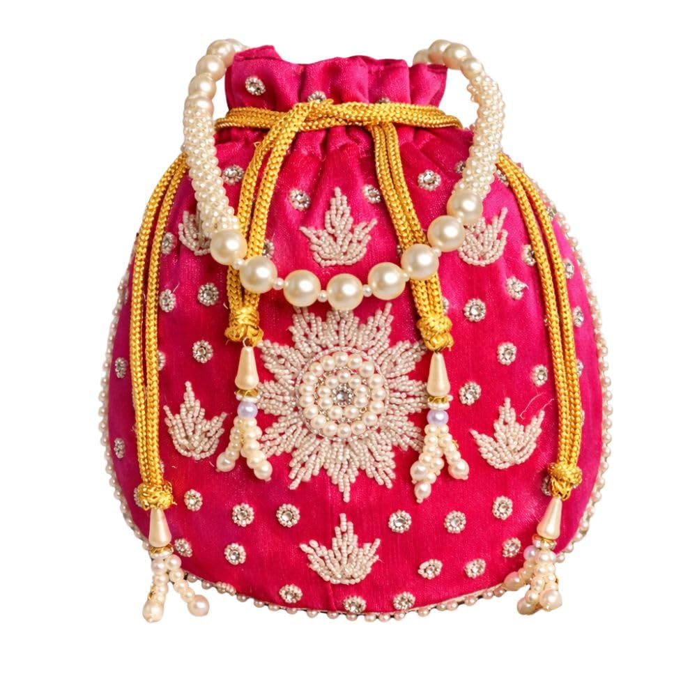 Handcrafted Rani Pink Pearl Embroidered Potli Bag for Women | Wedding & Festive Potli-image-37