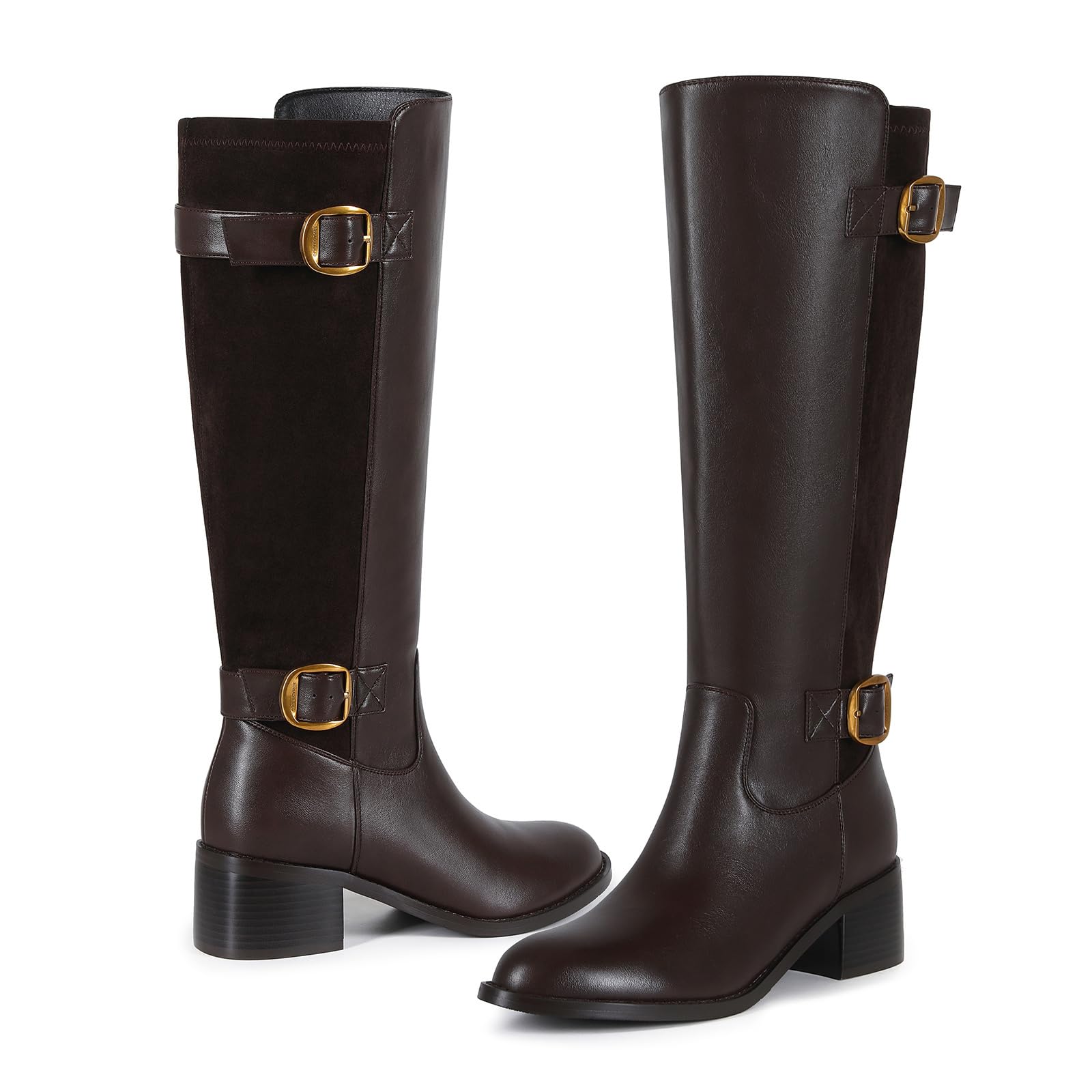Womens Knee High Boots - Wide Calf Stretchy Riding Boots Faux Leather Suede Vintage Tall Boots with Low