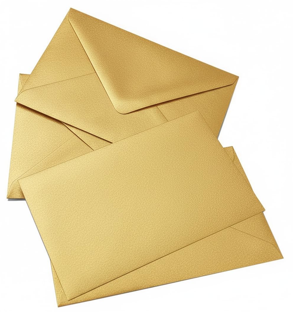 Buste colorate con bigliettini, set 100 buste + 100 biglietti, mini formati 7 x 11,2 cm e 14 x 9 cm, per matrimoni, feste, compleanni, regali e biglietti di auguri (ORO, 14 x 9 CM)