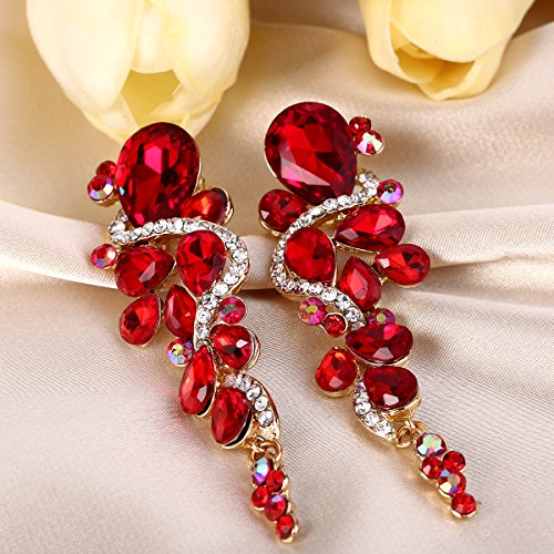 Brilove Wedding Bridal Clip On Earrings For Women Bohemian Boho Crystal Multiple Teardrop Chandelier Dangle Earrings Ruby Color Gold-Toned #TOP2