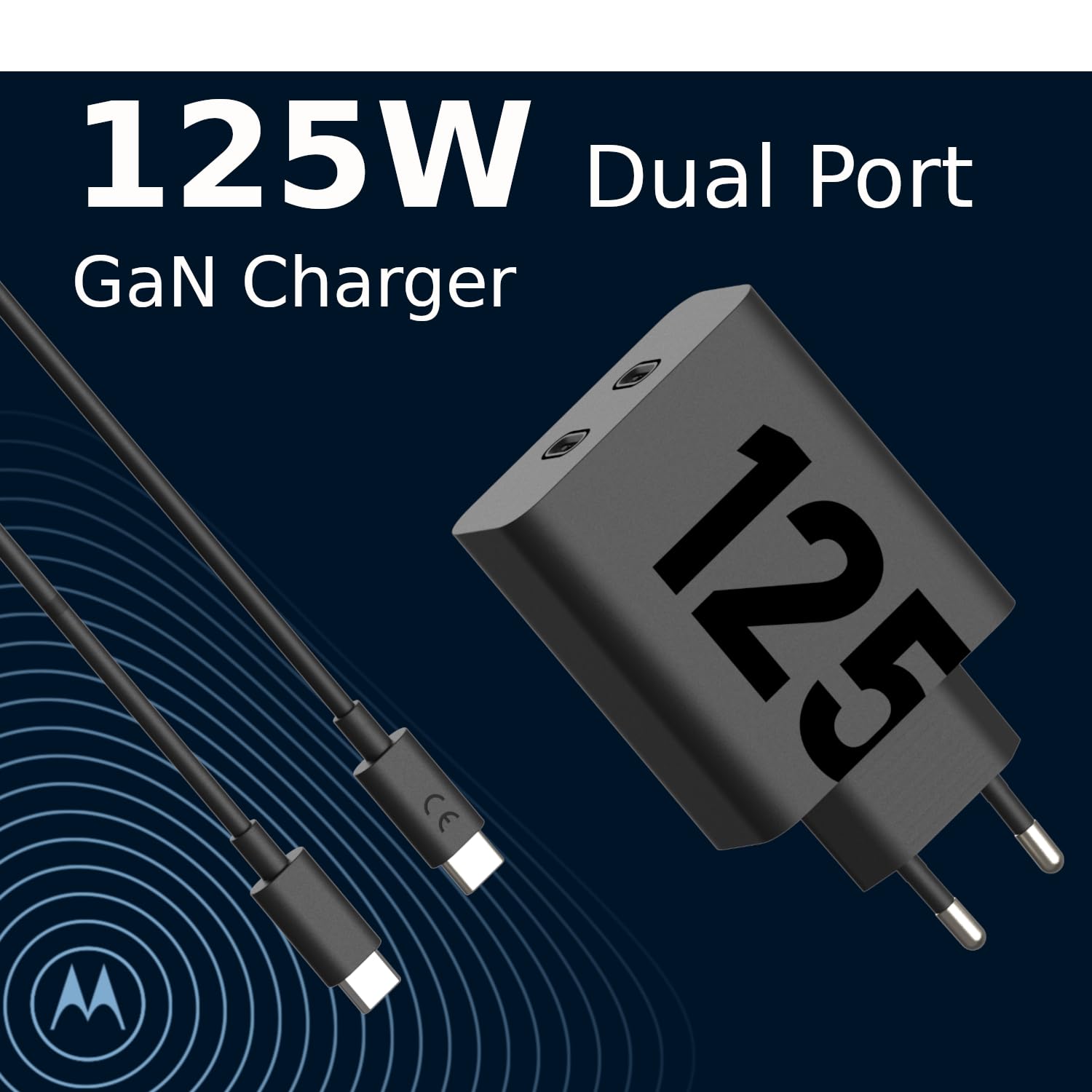 Motorola Chargers - Caricabatterie rapido TurboPower GaN a doppia porta da 125W con cavo USB-C a USB-C da 1 m, 6,5A, marchio E. IMPORTANTE: solo i prodotti Motorola originali riportano il logo "M".