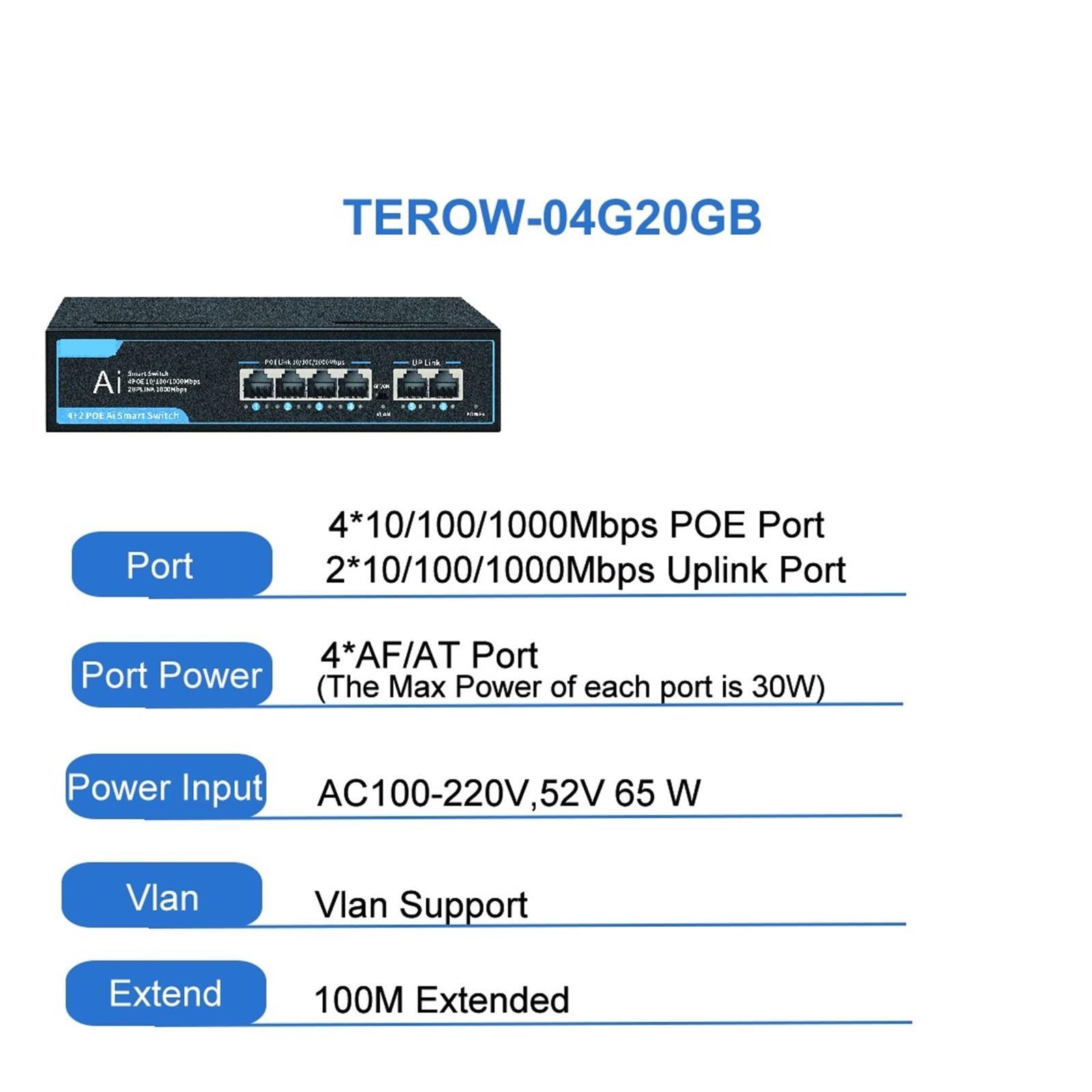 Commutateur PO//E 6 8 Ports 100 1000 Mbps Ethernet Splitter réseau Gigabit Hub RJ45(04G20GB)