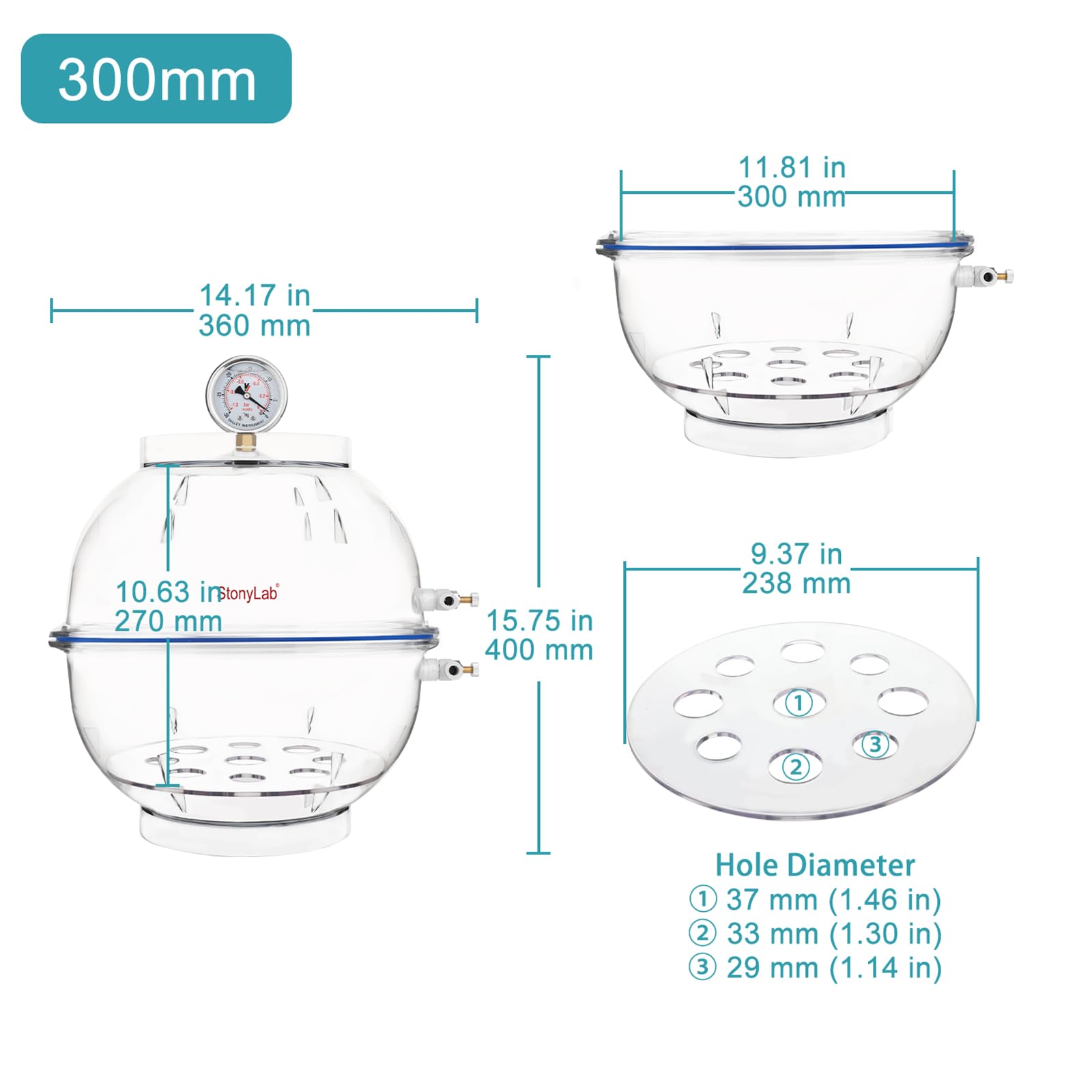 stonylab Desecador de Vacío de PC, Material Reforzado para Mayor Durabilidad, Sello de Silicona Confiable, Sistema de Doble Válvula, Equipado con Manómetro, Diámetro de 300 mm, para Uso en Laboratorio