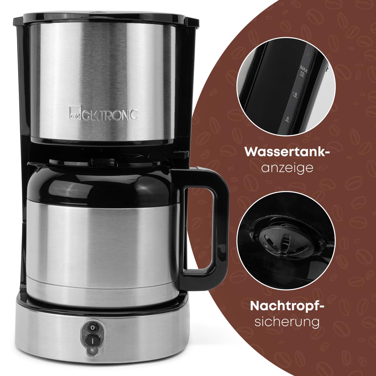 Clatronic® KA 3805 Coffee Machine with Thermos Flask for 8-10 Cups of Coffee (Approx. 1.2 L) | Filter Coffee Machine Stainless Steel | Double-Walled Thermos Flask | No Temperature Loss | Coffee