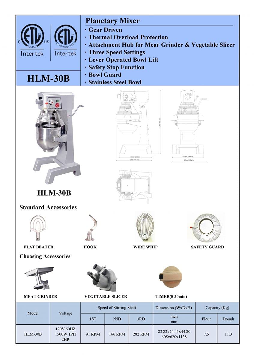 Commercial 30 qt Dough Mixer, ETL NSF Bakery Kitchen Equipment