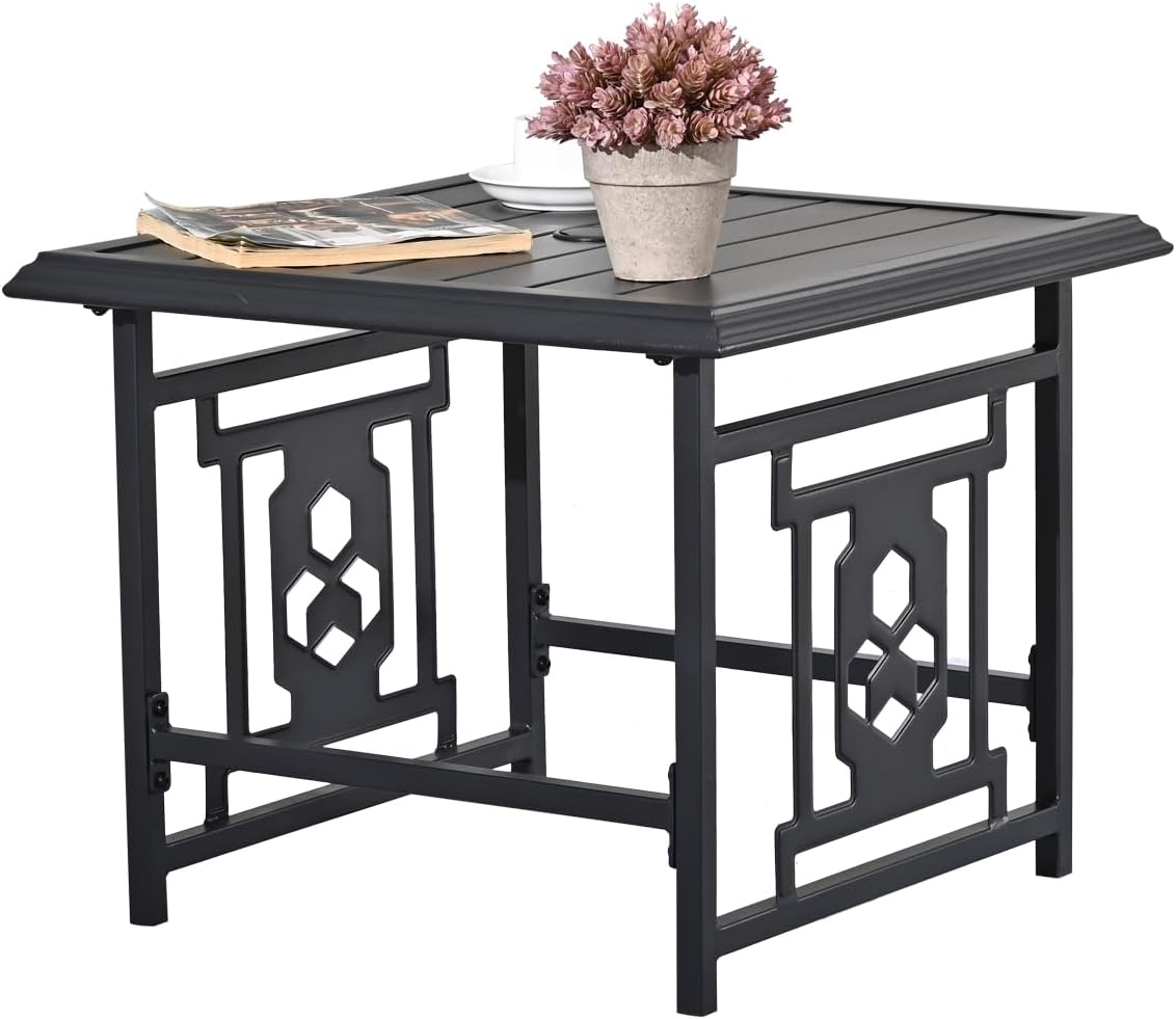 Outdoor Patio Table with Umbrella Hole Metal Steel 22.8'' Square Side Table Bistro Furniture Garden Table for Porch Balcony Yard