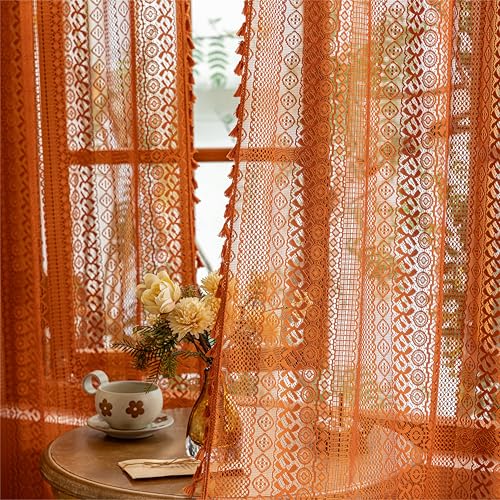 Sutuo Home Terracotta Boho Lace Curtains 2 Panels 84 Inches Long for Living Room&Bedroom Burnt Orange Crochet Privacy Farmhouse Vintage Tassels Retro Halloween Window Sheer Curtains Rod Pocket 50 W