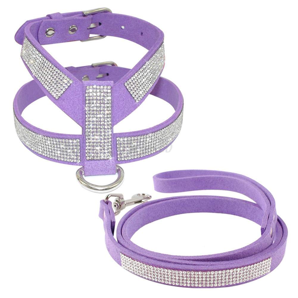 DOILNXH Suede Rhinestone Dog Harness and Leash Set Soft Diamante Pet Harness and Lead Step in for Small Medium Dogs Chihuahua Yorkshire Purple S