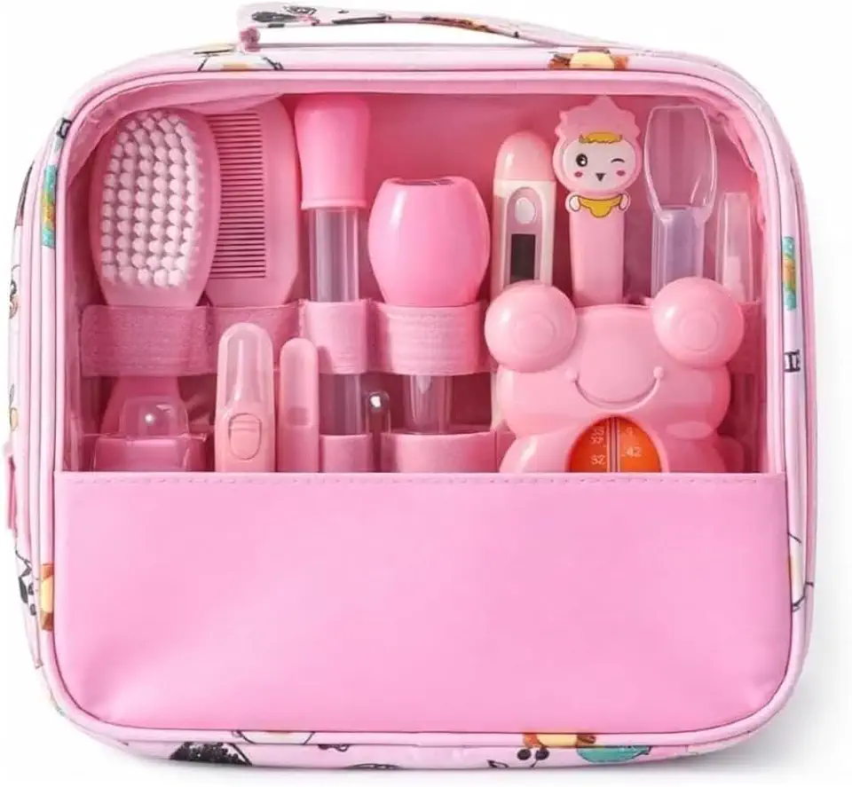 Kit Higiene Bebe - Estojo Cuidado Bebe com 13 em 1 - Bolsa Bebe Organizada e Completa com Tesoura, Pente para Bebe, Termometro, Cortador de Unhas, Lixa de Unhas e outros - Livre de BPA - Linha Premium (Rosa)