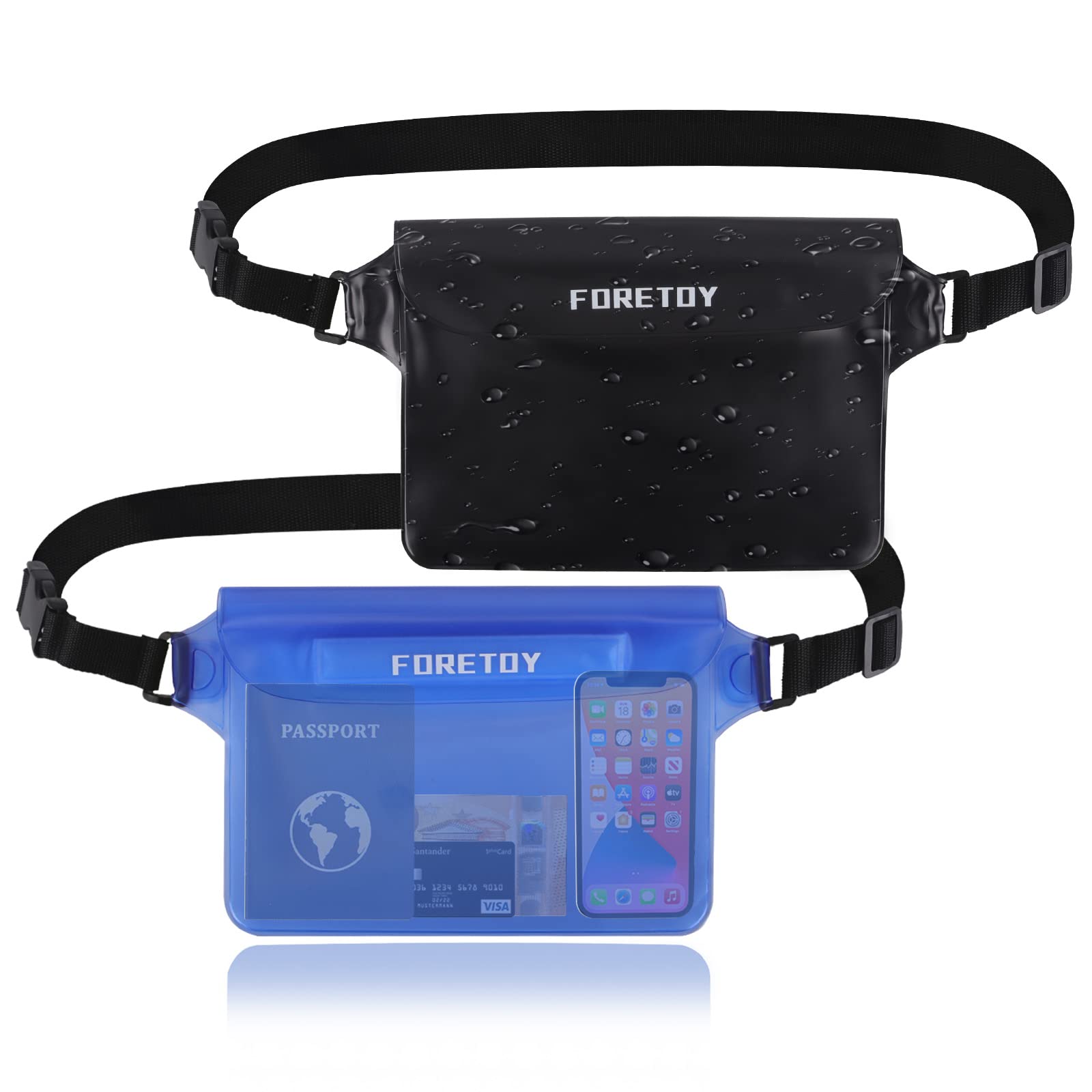 FORETOY wasserdichte Tasche 2 Stück wasserdichter Beutel, wasserdichte Handyhülle wasserfeste Bauchtasche mit verstellbarem Hüftgurt IP68 Bewertung für Wassersport, Strand, Schwimmen, Boot, Fahren