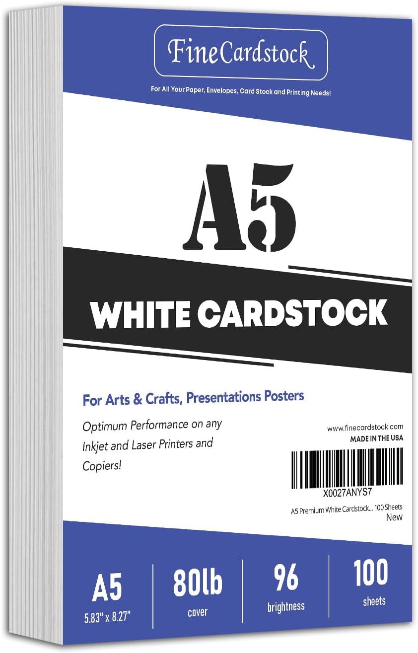 A5 Premium White Cardstock | For Copy, Printing, Writing | 5.83" x 8.27" inches (148 x 210 mm - Half of A4) | Full ream of 100 Sheets | 80lb