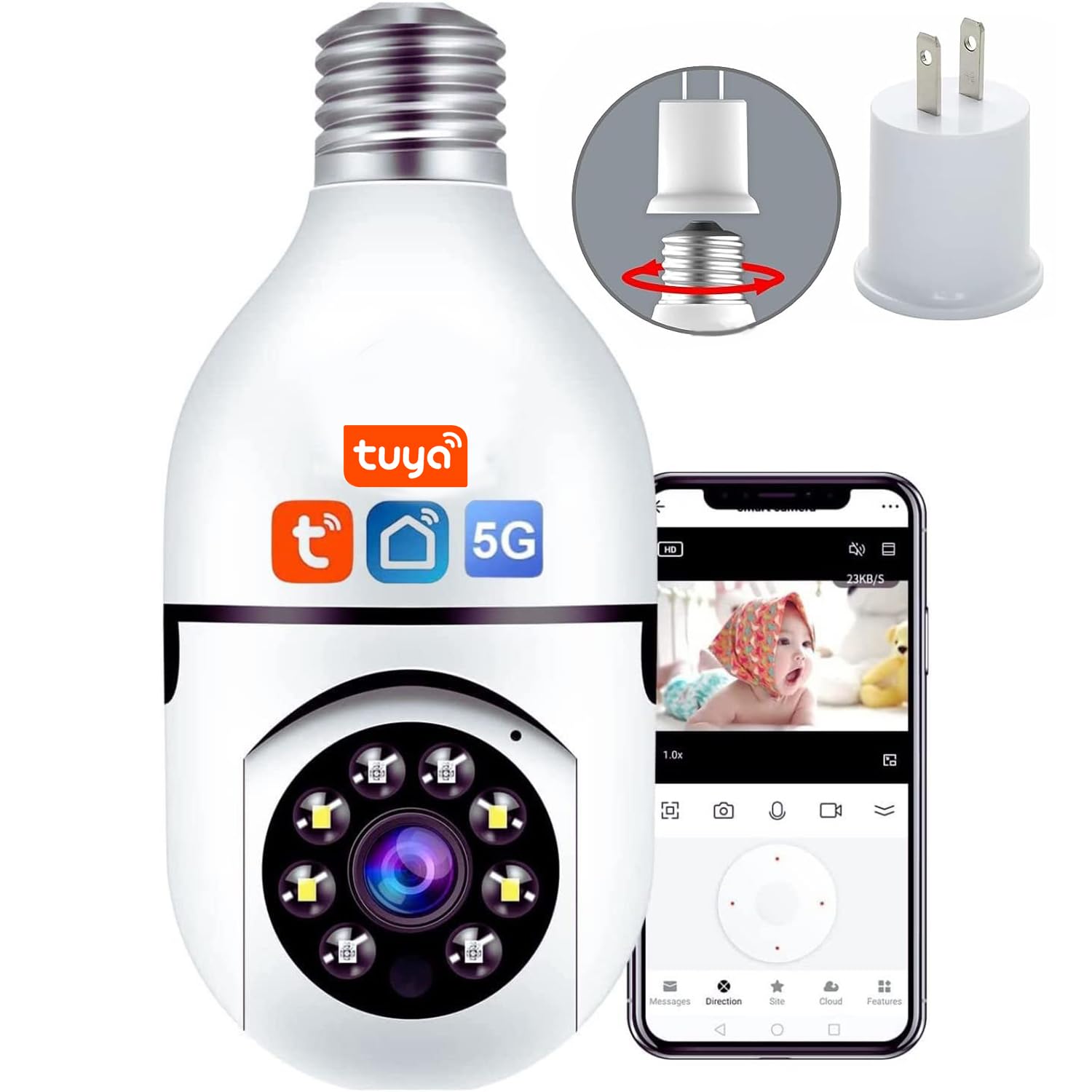 Light Bulb Security Camera, 5GHz 2.4GHz ,Degree Pan/Tilt Panoramic IP Security Camera, TUYA WiFi 1080P Smart Home Surveillance Cam with Motion