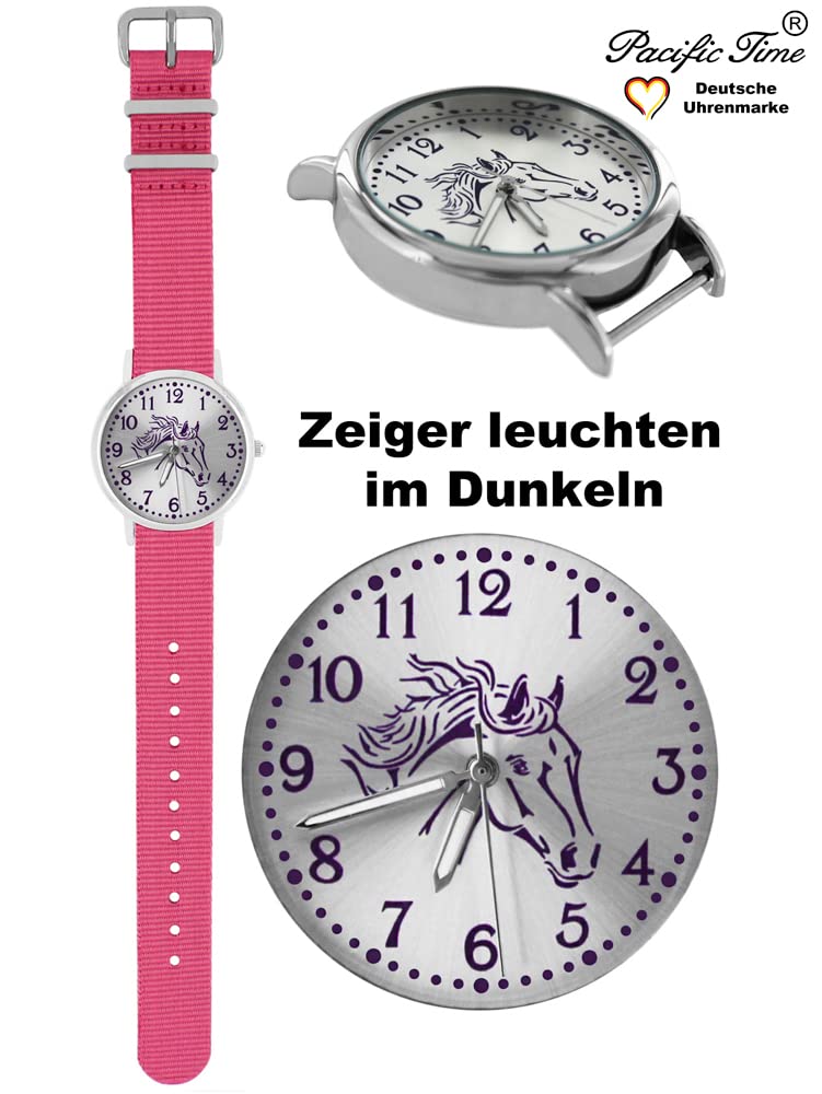 Pacific Time Kinderuhr Mädchen Pferdeuhr Geschenk-Set Rosa 2 Armbänder | Geschenk für Mädchen: Pferdeuhr mit violettem Pferdekopf, 2 Armbänder, 5 ATM wasserdicht, günstiger als Einzelkauf