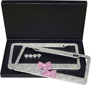 JIANGJIAMIN Bling Bling Limiec Lamki Lampy Dopasowane do Samochodów Ciężarówki Kręty Kryształowe Kryształowe ramki License Płyta z 2 otworami śrubami Bonus Caps Set (Color : 2pc pink bow)