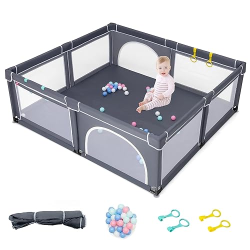Miniatura 1 de INFANS Corralito para bebés extra grande, patio de juegos portátil con tapete, puertas con cremallera, ventosas, 50 bolas de océano, 4 anillos de