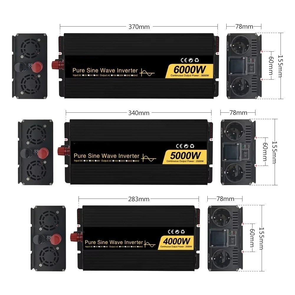 Transformador Inversores Onda Sinusoidal Pura 5000W 6000W 4000W con Doble Enchufe Europeo Convertidor Voltaje CC 12V 24V 48V A CA 110V 220V 50Hz 60Hz Inversor Convertidor