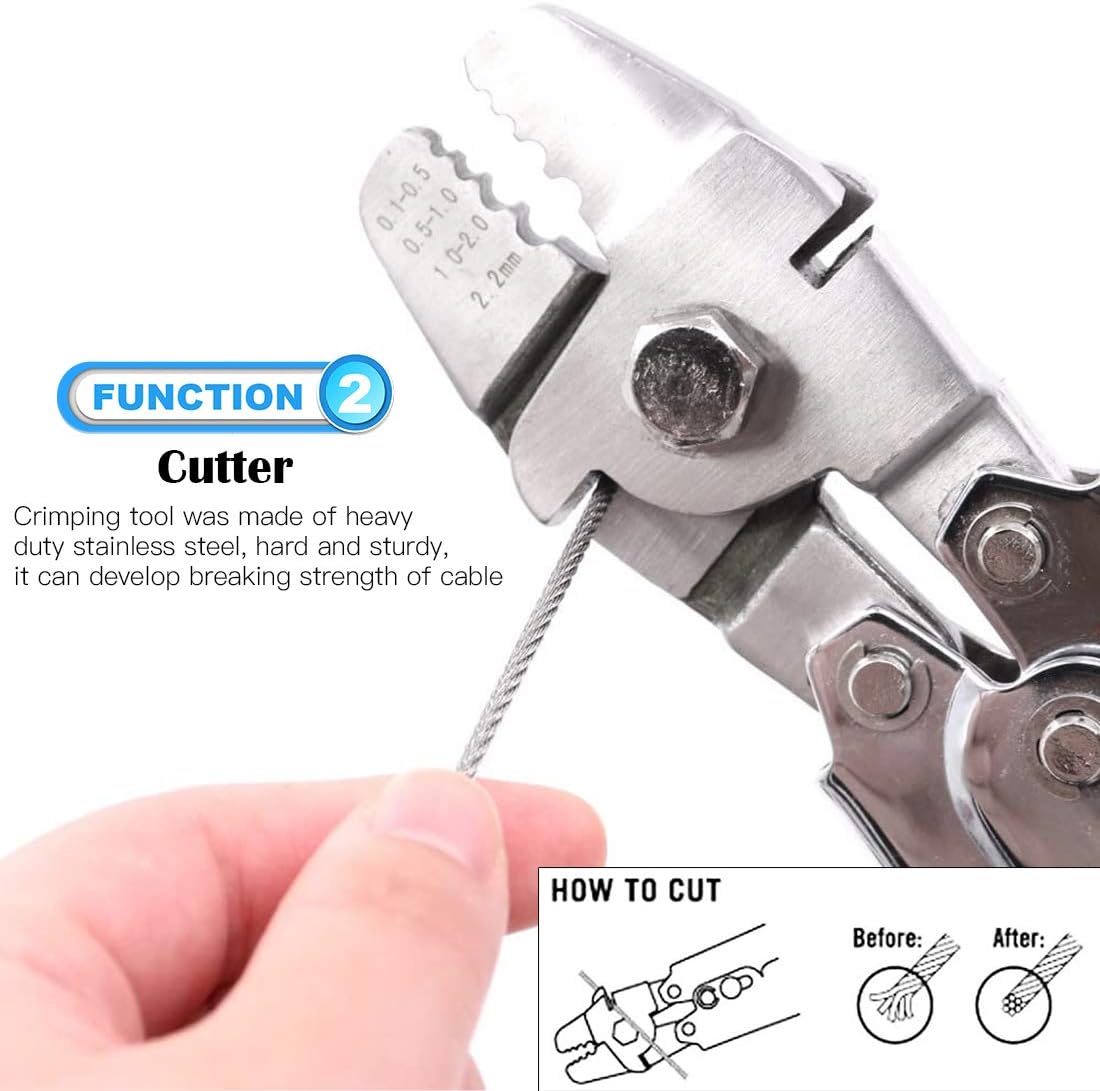 Glarks Up to 2.2mm Wire Rope Crimping Tool with 150Pcs 3 Size Aluminum Double Barrel Ferrule Crimping Loop Sleeve Kit